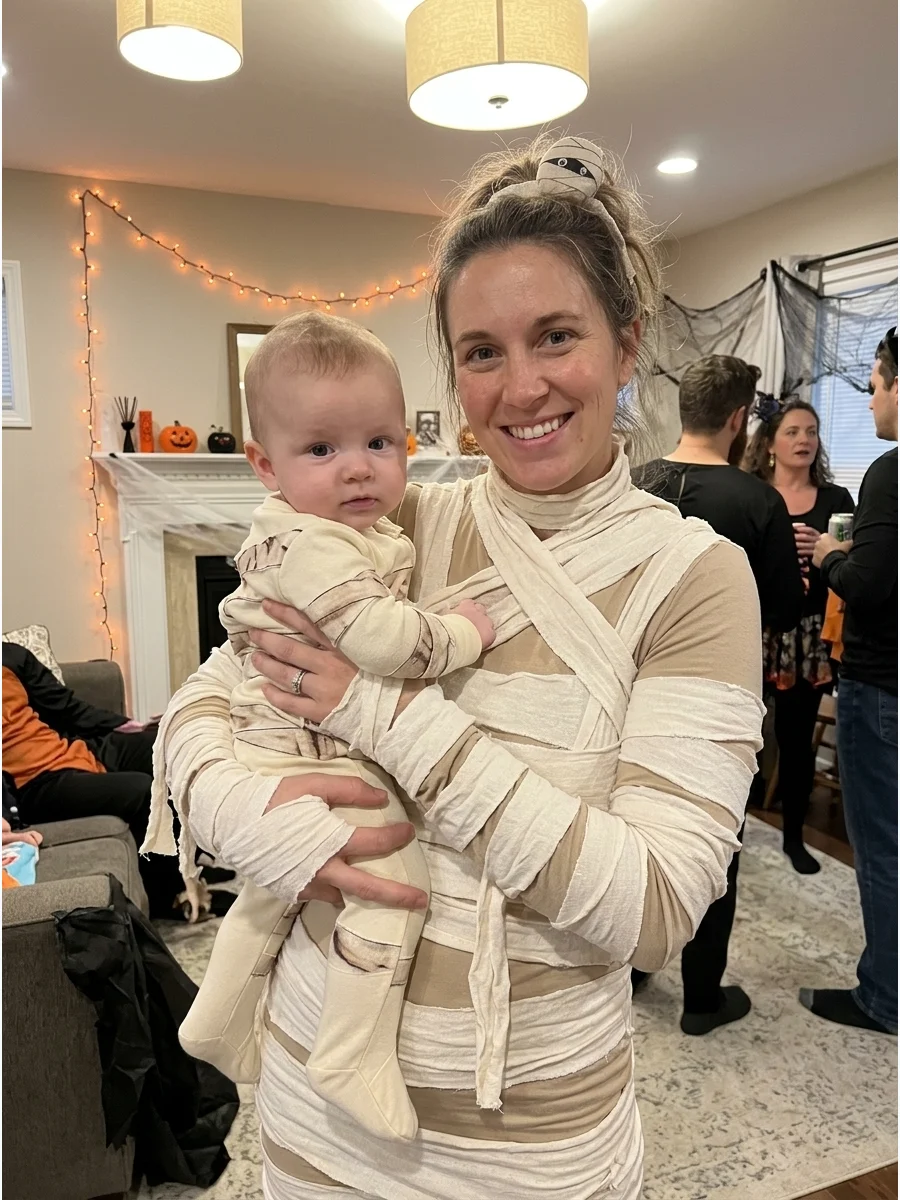 Parent and Baby Mummy Costume. The parent can wear a full mummy outfit while the baby wears a soft cream sleeper with printed or securely attached fabric details. Avoid placing loo