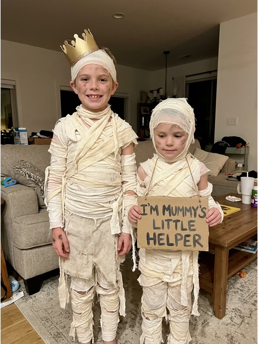 Mummy Sibling Costume. Create coordinating costumes using the same fabric but give each sibling a different accessory. One could wear a gold crown while another carries a lightweig