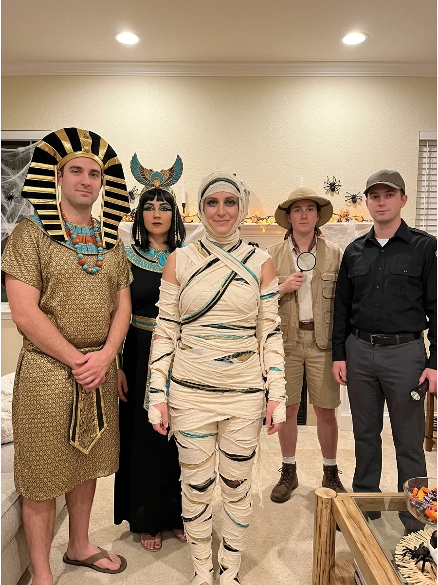 Ancient Egypt Group Costume. Build a group around a mummy, pharaoh, queen, archaeologist, and museum guard. Use shared cream, black, gold, and turquoise colors to make the costumes