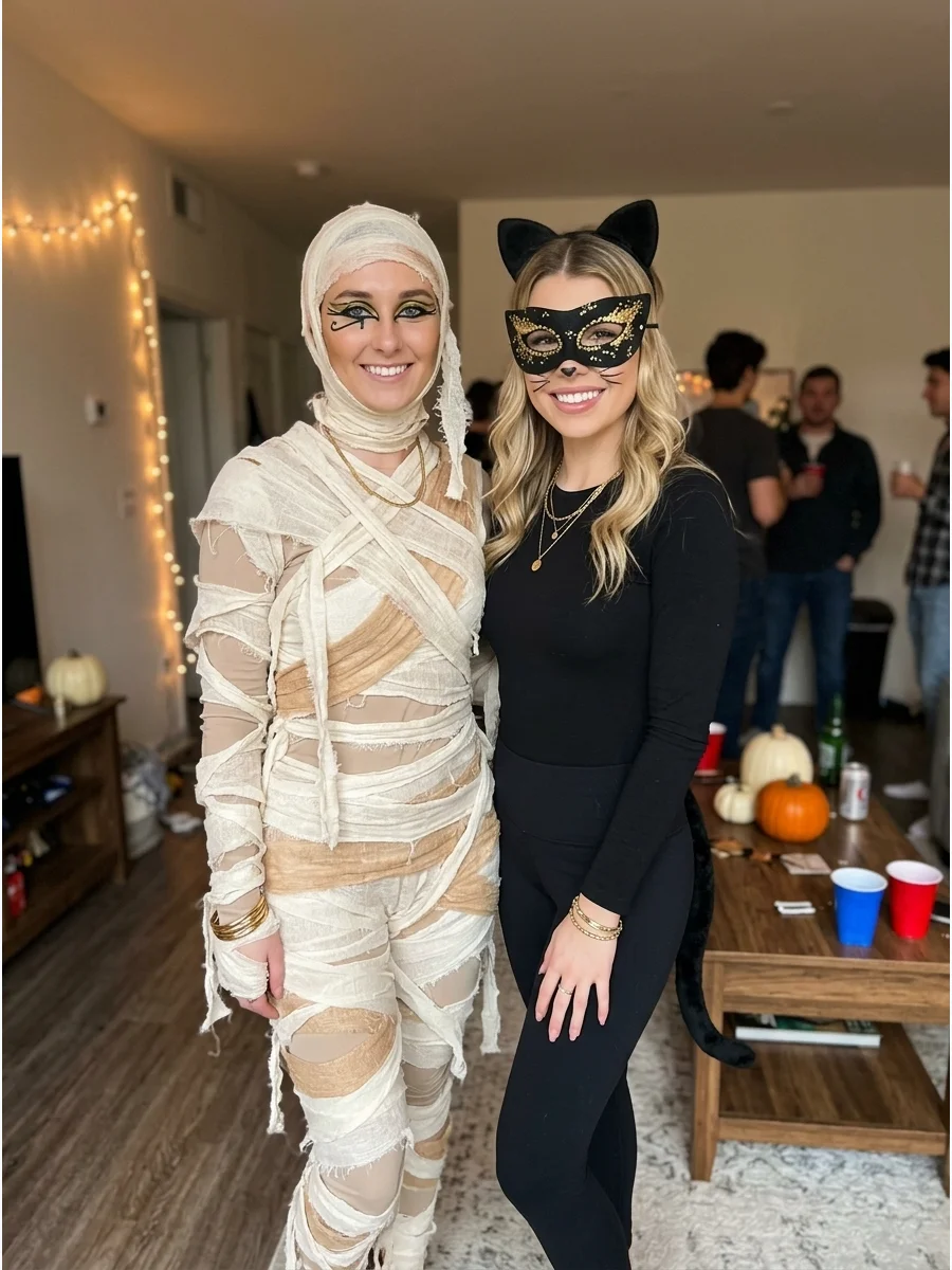 Mummy and Black Cat Costume. Pair a neutral mummy outfit with a simple black cat costume. Add matching gold accessories or Egyptian-inspired eye makeup to connect the two costumes