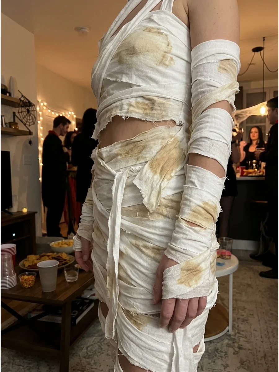 Coffee-Stained Mummy Costume. Lightly dab diluted coffee onto white fabric strips to produce darker weathered patches. Use different amounts across the material so the finished cos