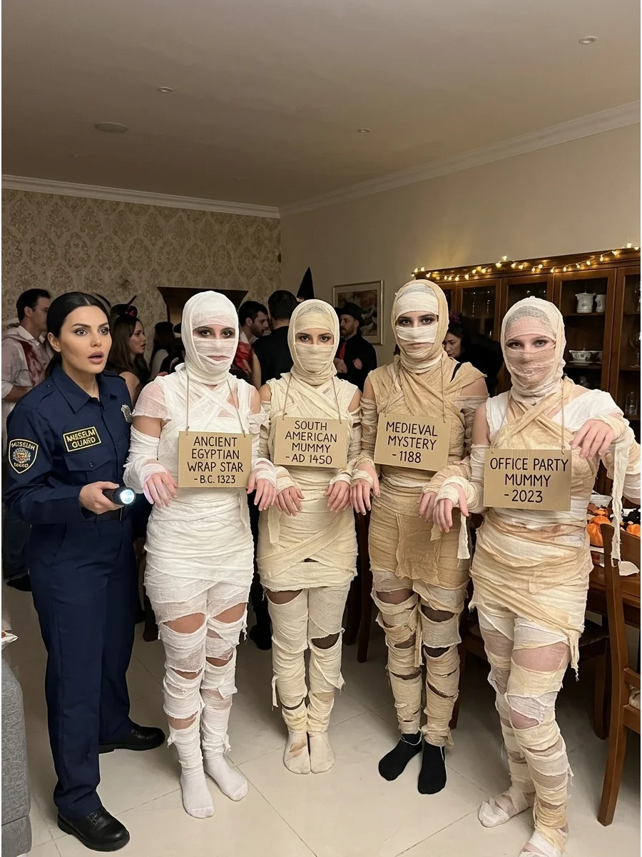 Mummy Museum Escape Group Costume. Have several people dress as mummies from different historical exhibits while another person wears a museum guard costume. Add lightweight cardbo