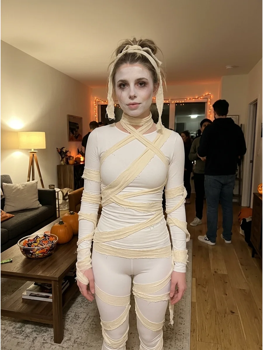White Leggings Mummy Costume. Use white leggings and a fitted white top as the foundation of the outfit. Attach narrow cream-colored strips diagonally across the clothing while lea
