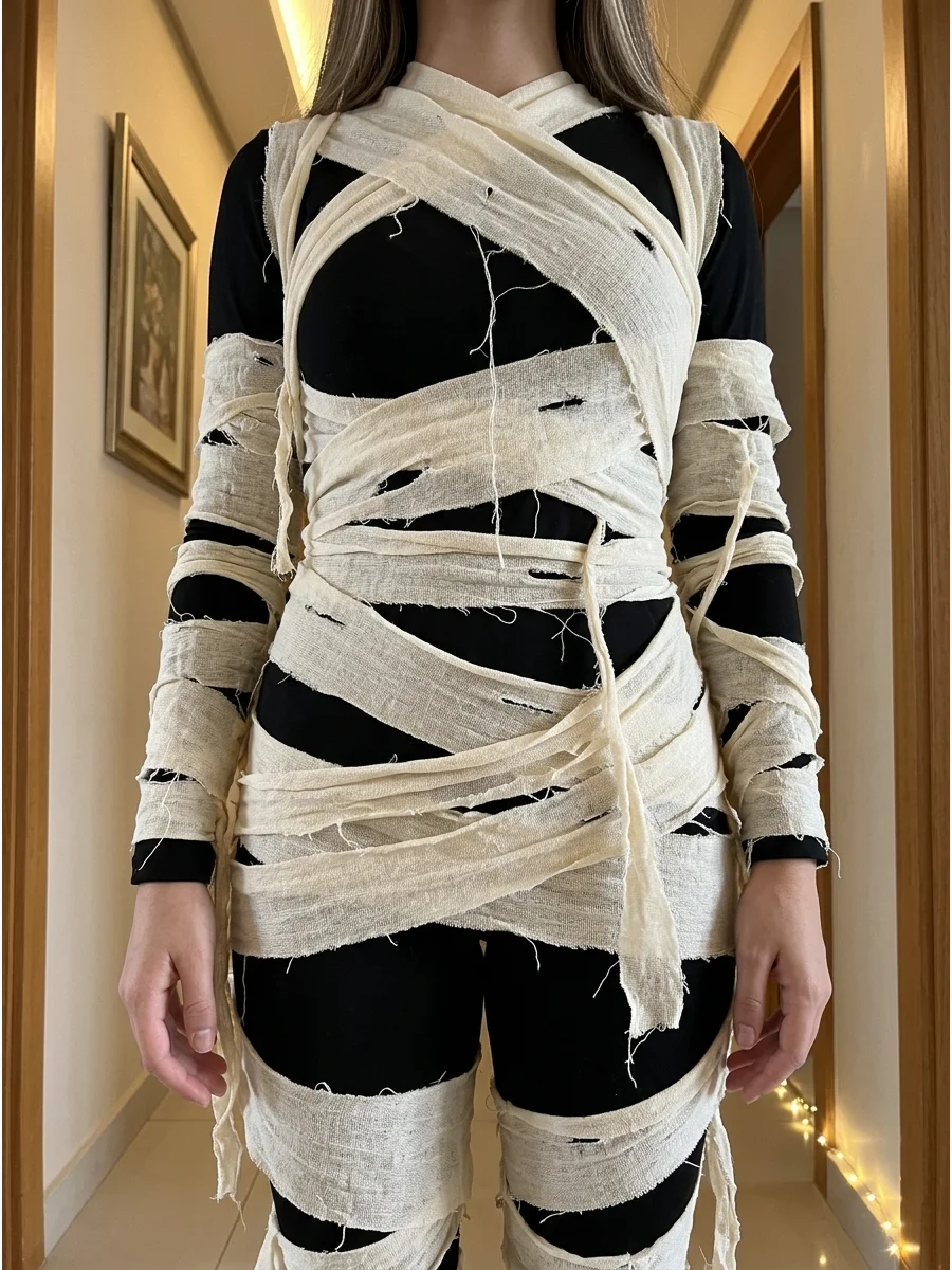 Black Base Mummy Costume. Wear black clothing beneath loosely spaced cream fabric strips. The darker base will show through the gaps and create a more dramatic, shadowy mummy appea