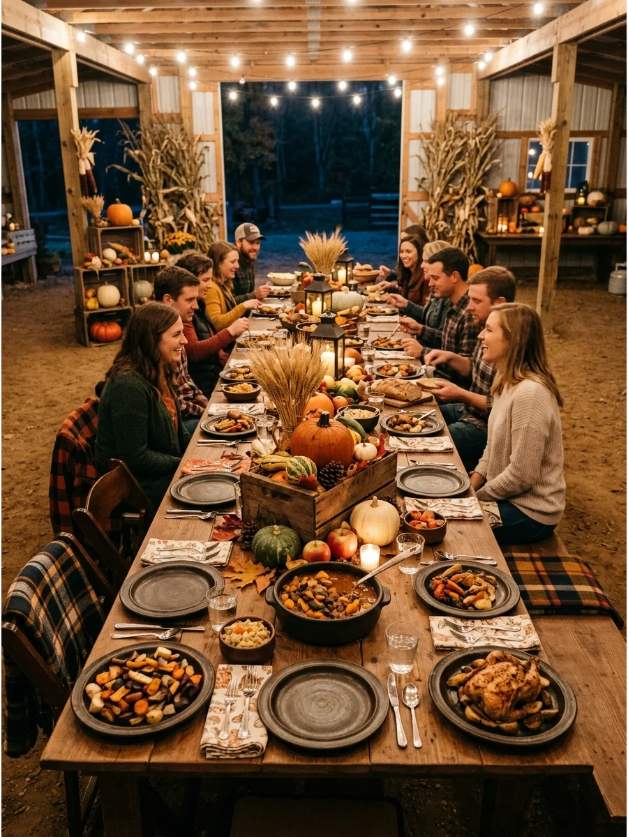 A long farm table decorated with harvest vegetables and corn stalks.