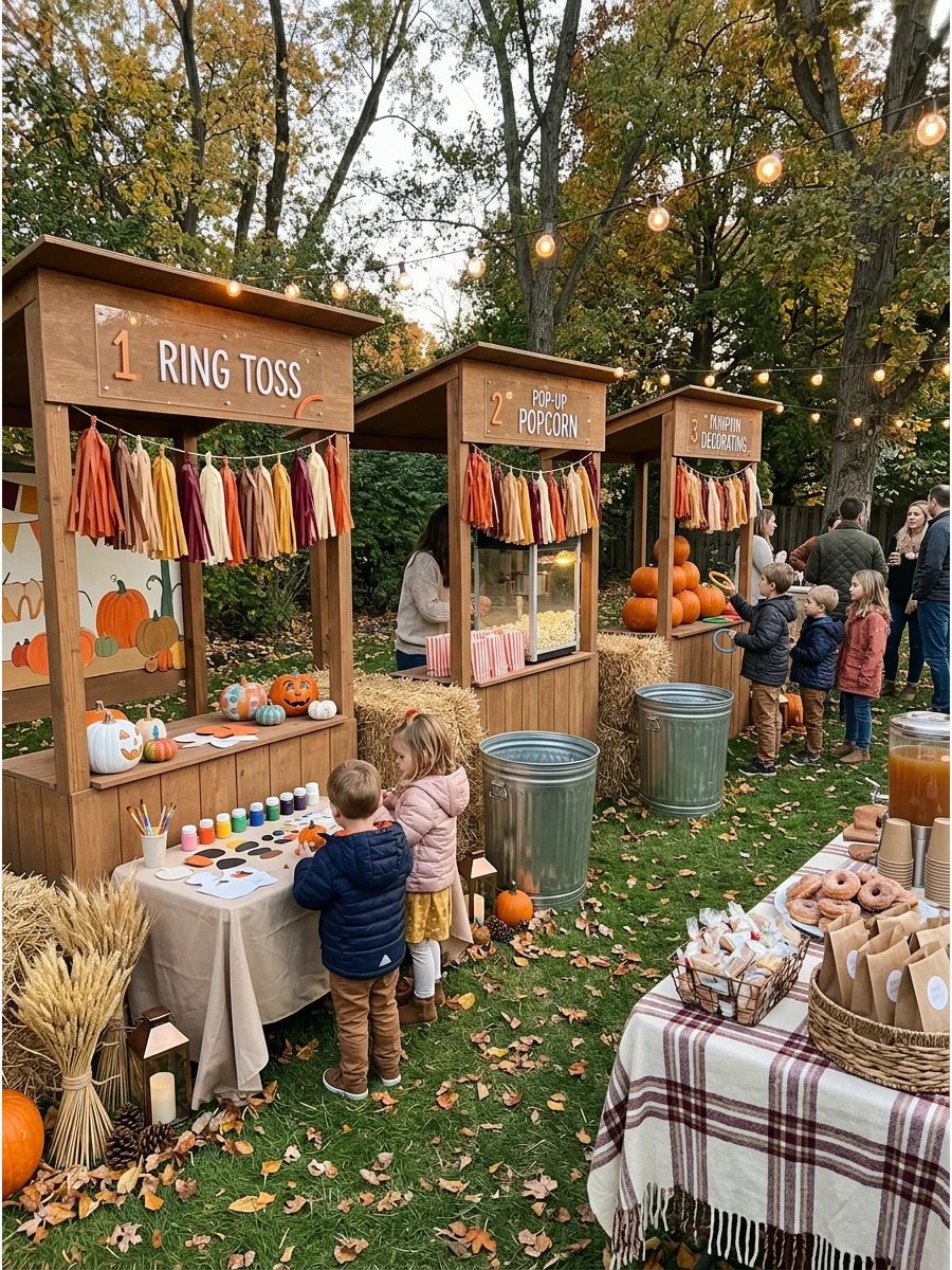 Wooden carnival booths in a backyard with pumpkins used for a ring toss game.