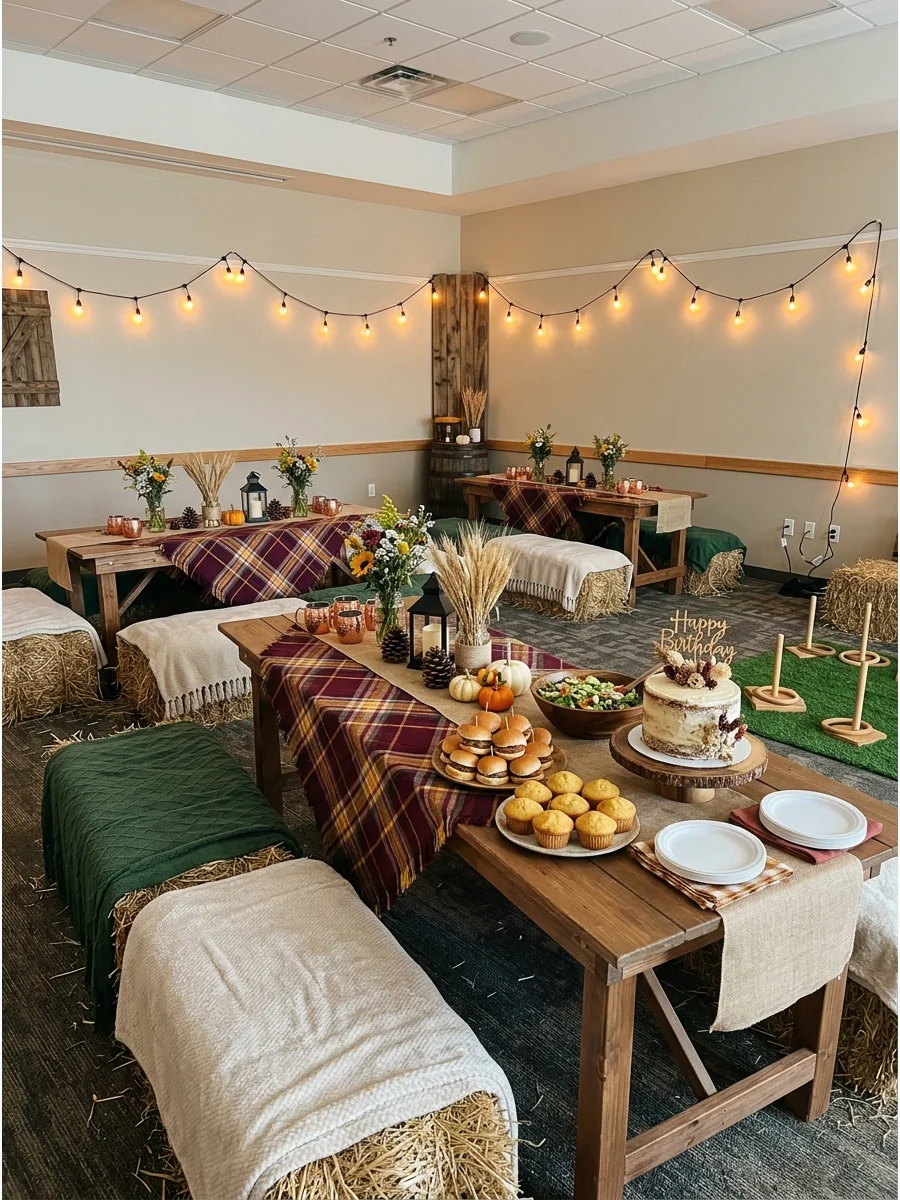 Interior of a rustic barn decorated with warm string lights and hay bales covered in blankets.