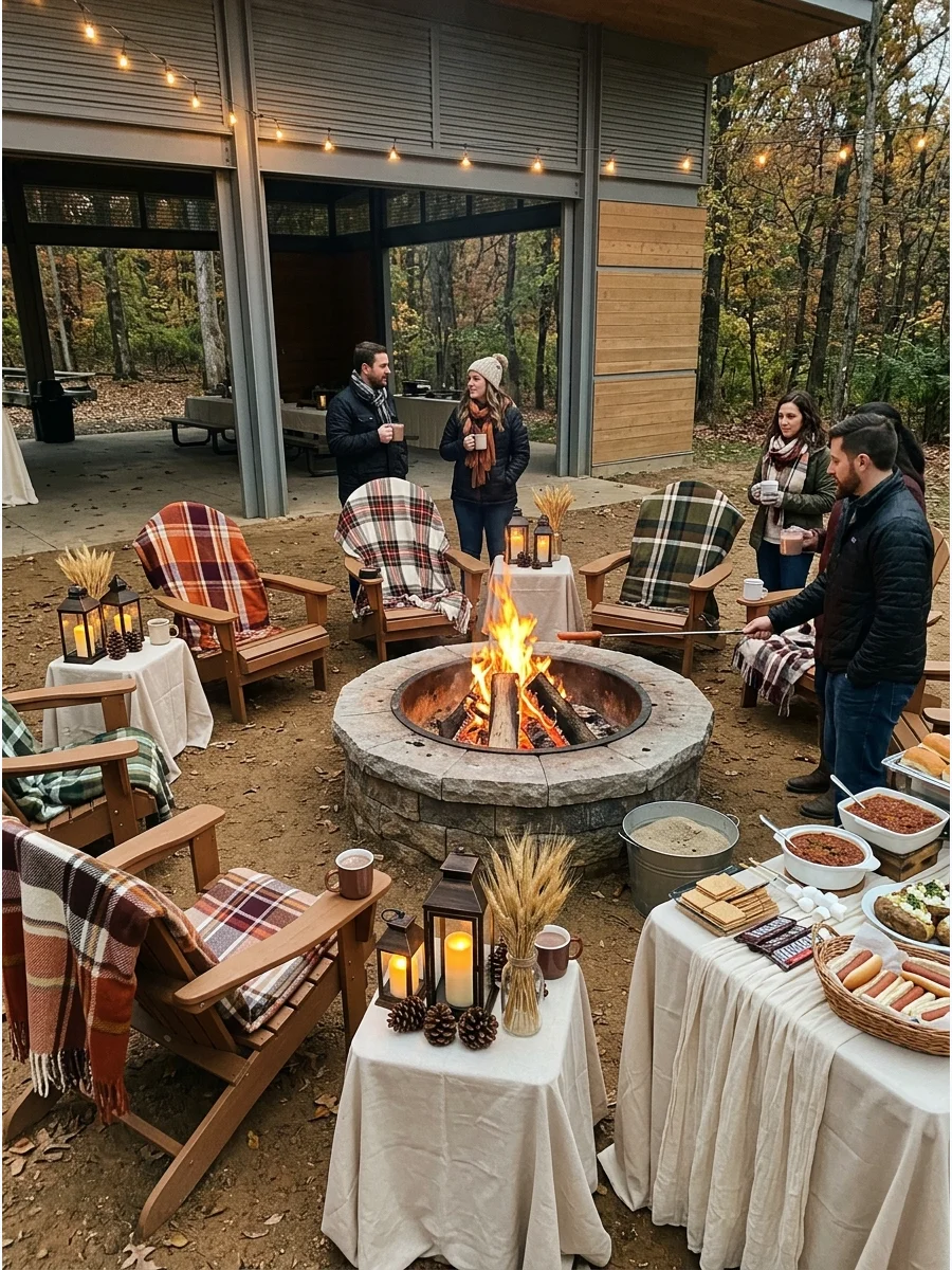 A stone fire pit with a bright fire and wooden chairs arranged in a circle.