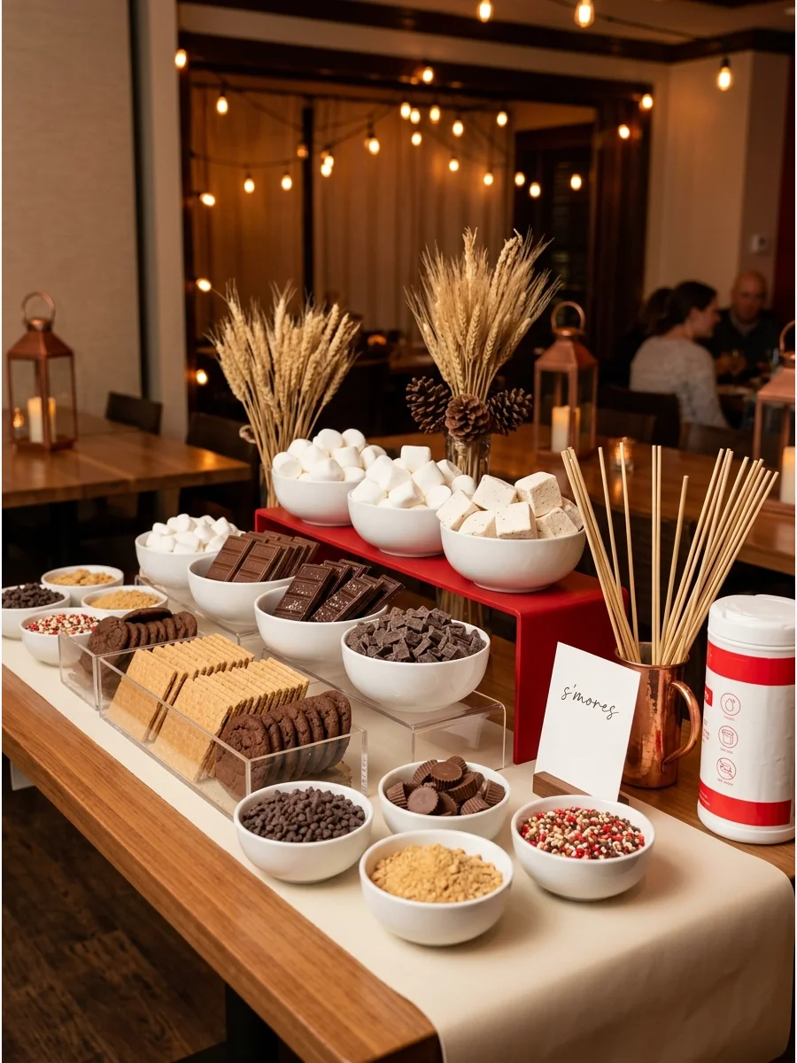 A dessert station with marshmallows, chocolate, and crackers on a wooden table.
