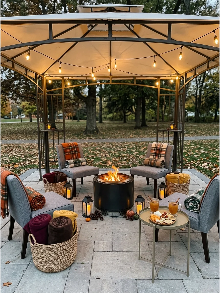 A small metal fire pit on a patio with chairs and a basket of blankets.