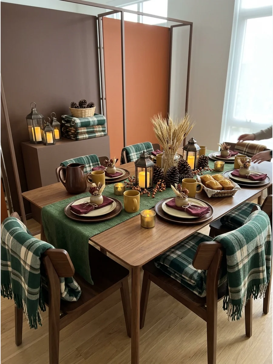 A table set with wood chargers, pinecones, and green fabric for a cabin theme.