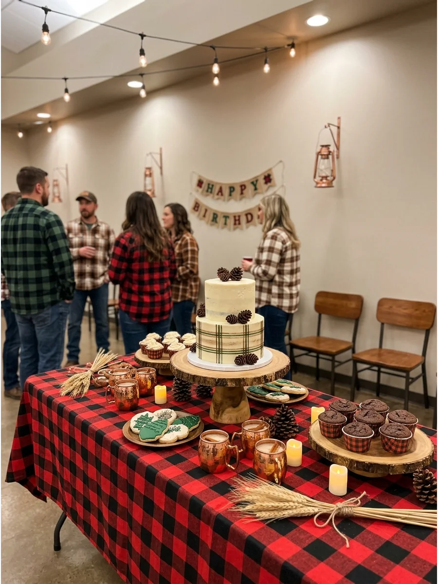A party table with a red and black plaid tablecloth and wooden serving pieces.