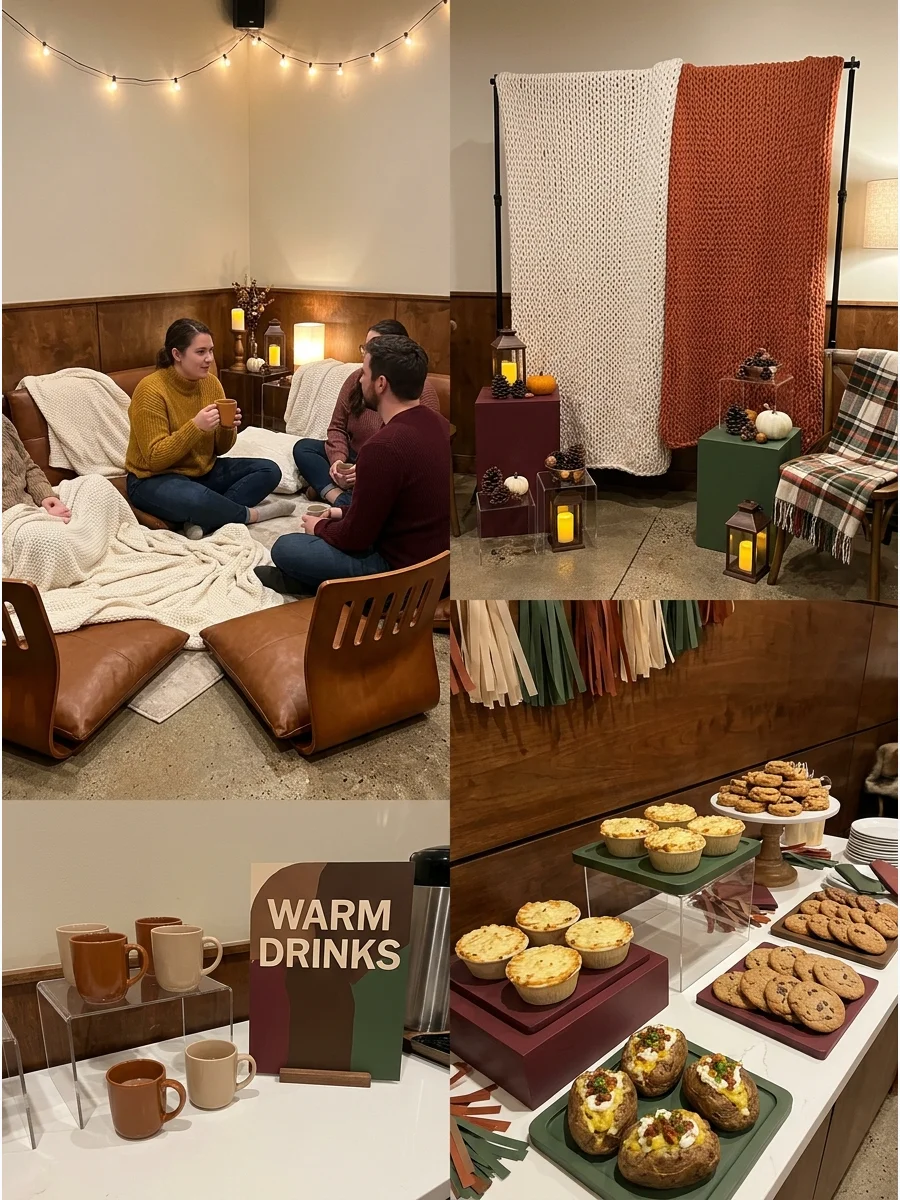 A cozy indoor lounge area with knit blankets and leather pillows for a party.