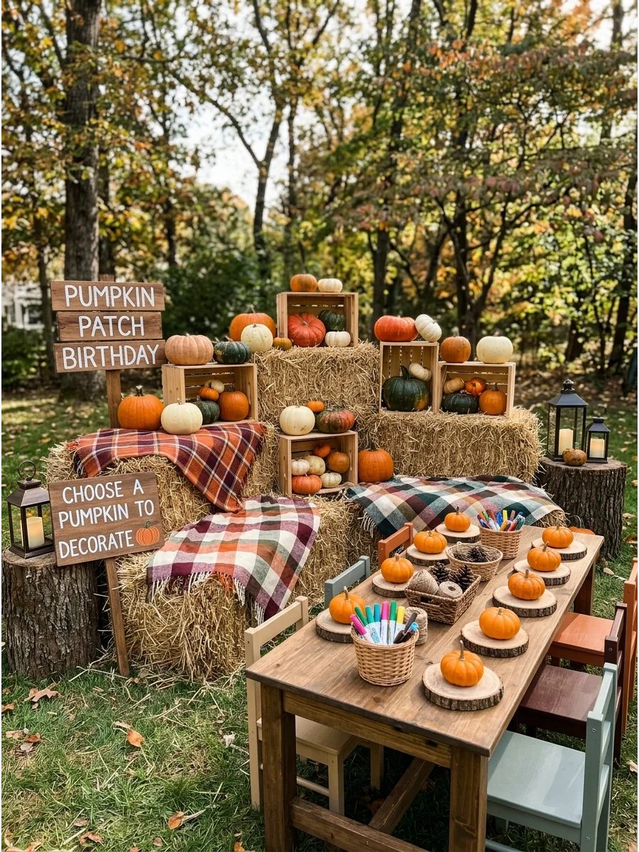 Hay bales and pumpkins arranged in a backyard setting.