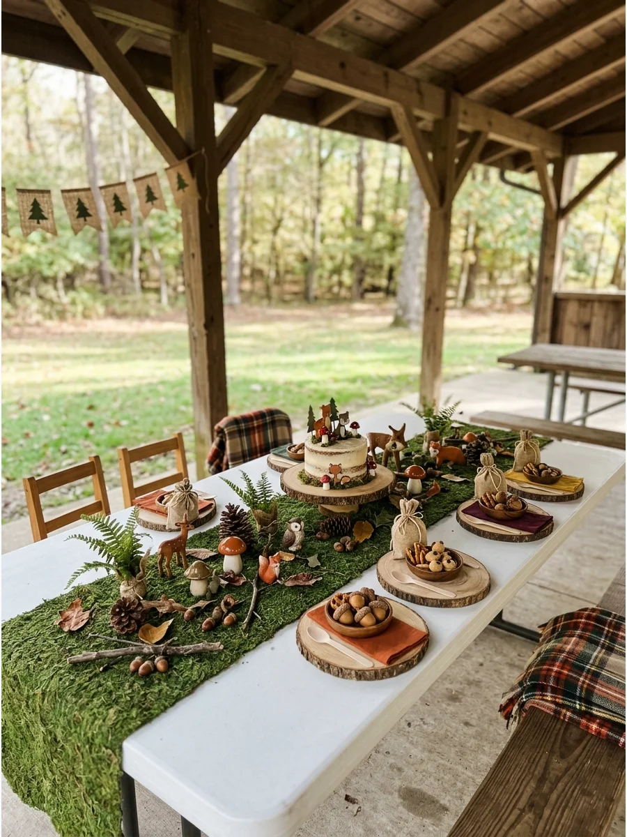 A woodland themed table with a moss runner and small wooden animals.