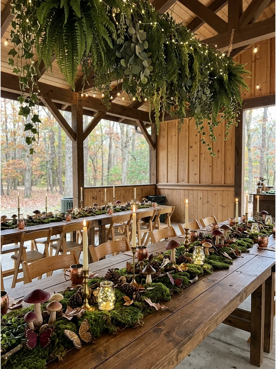 An enchanted forest themed table with moss and gold accents.
