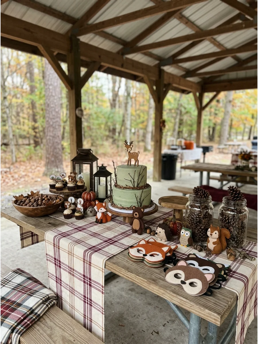 A forest animal themed birthday table with a deer cake topper.