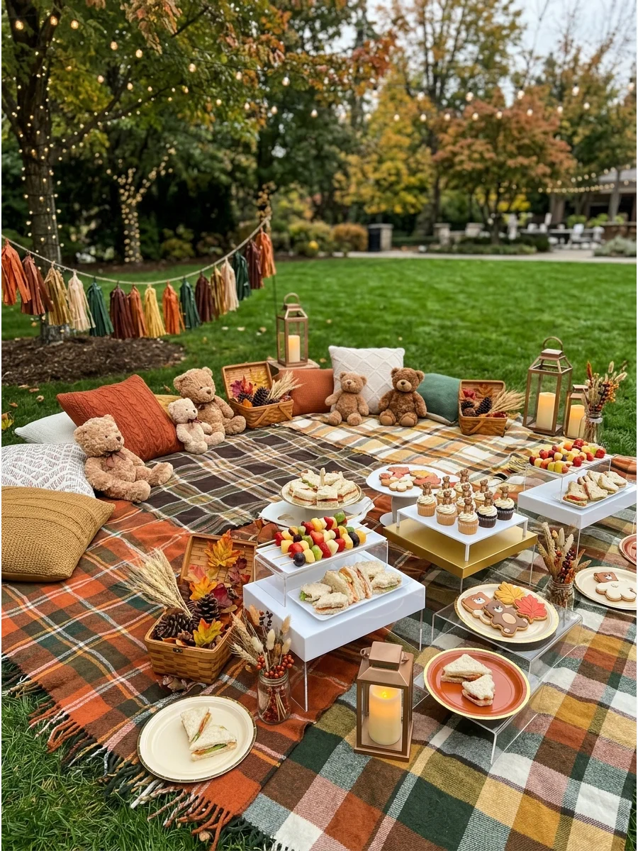 An indoor teddy bear picnic setup with blankets and stuffed animals.