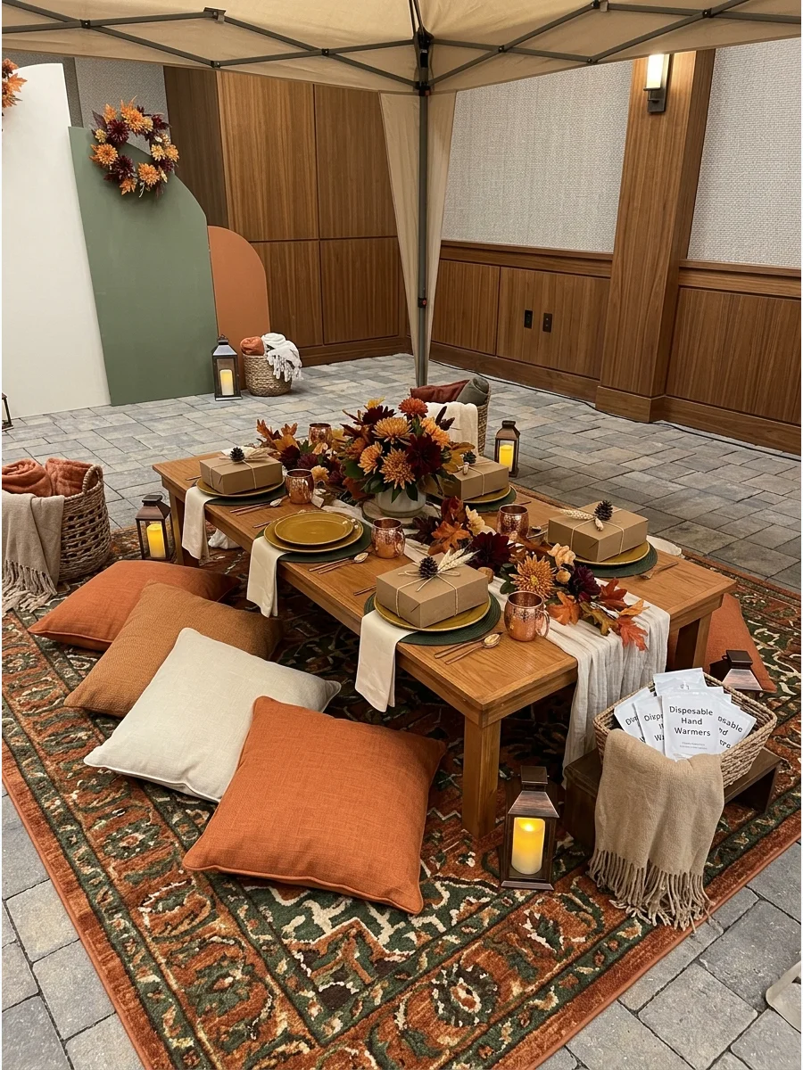 A low outdoor picnic table with autumn-colored cushions.