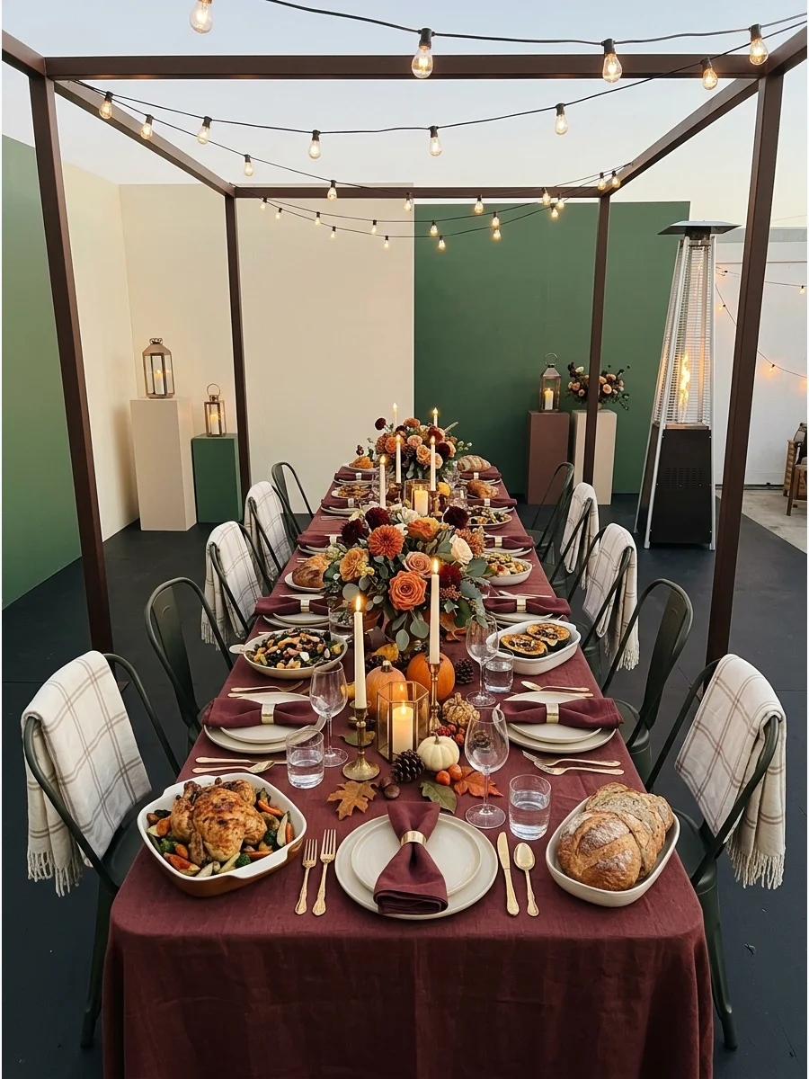 A backyard dinner party setup with string lights and fall decor.