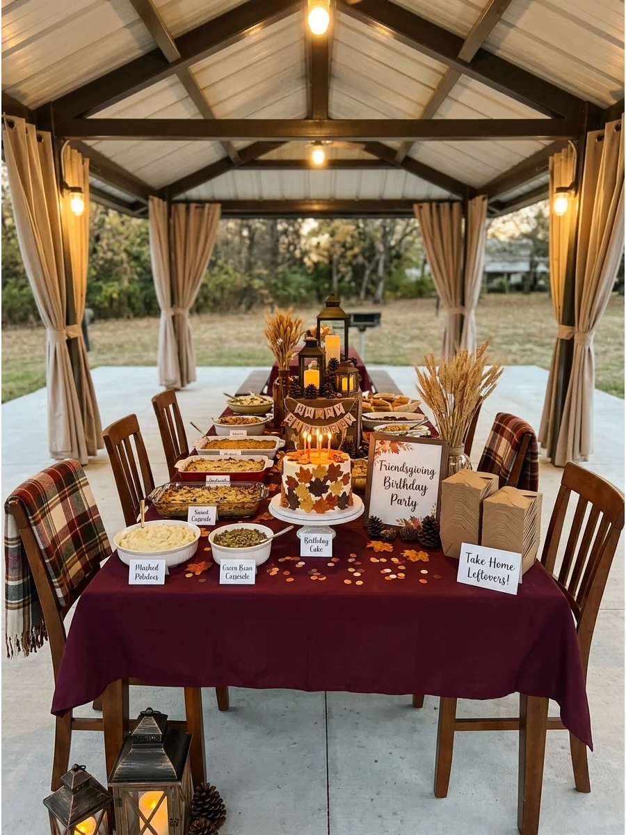 A buffet table for a Friendsgiving birthday party.