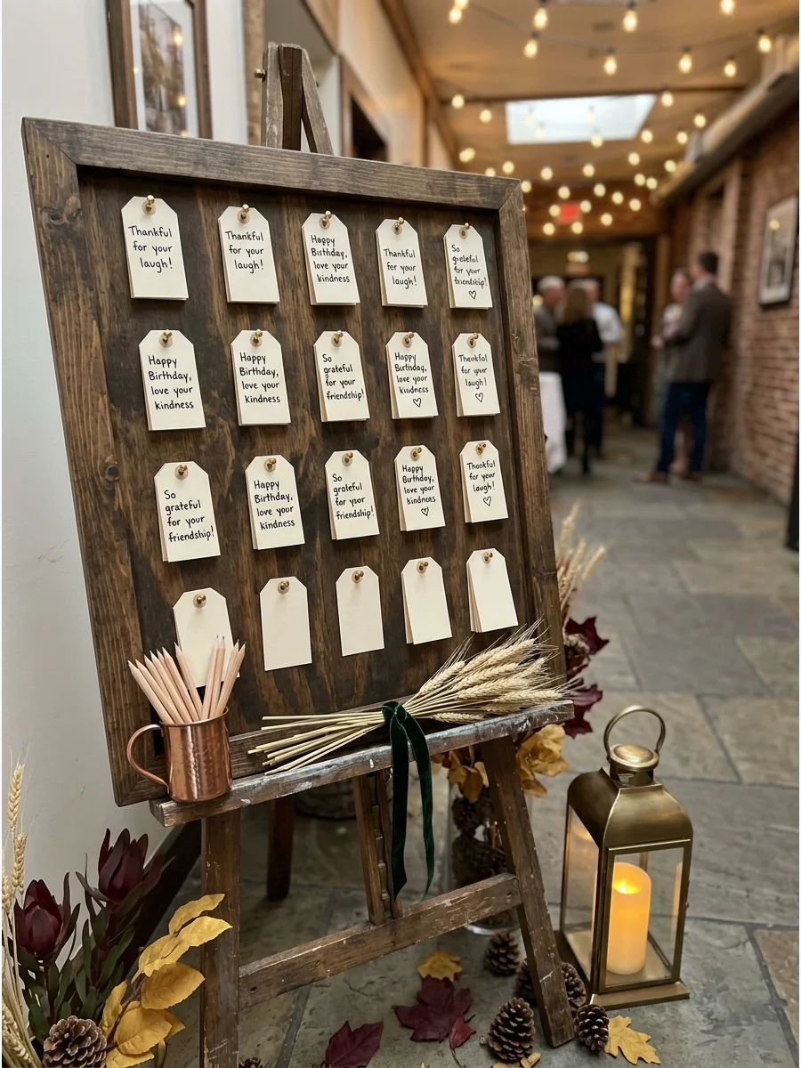 A gratitude board with notes pinned to it for a birthday.