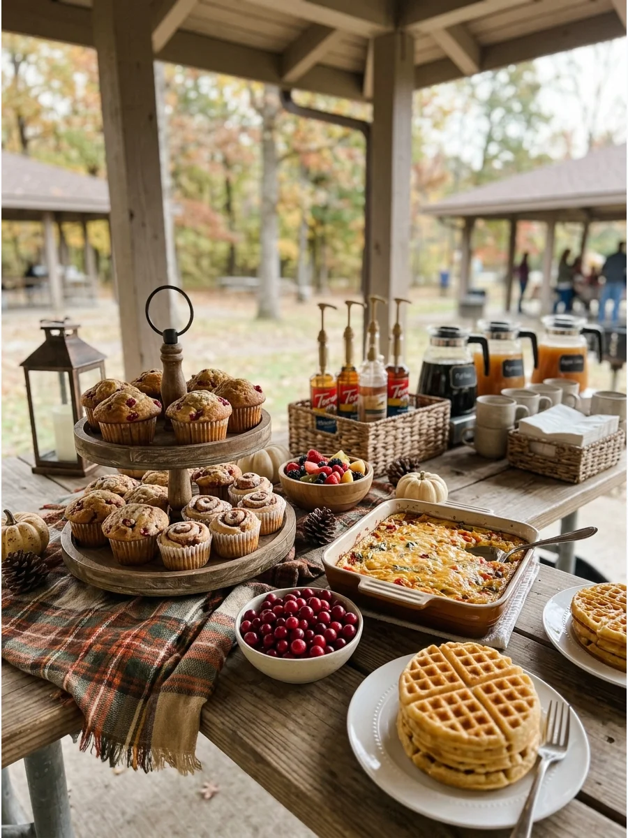 A fall-themed brunch spread with waffles and coffee.