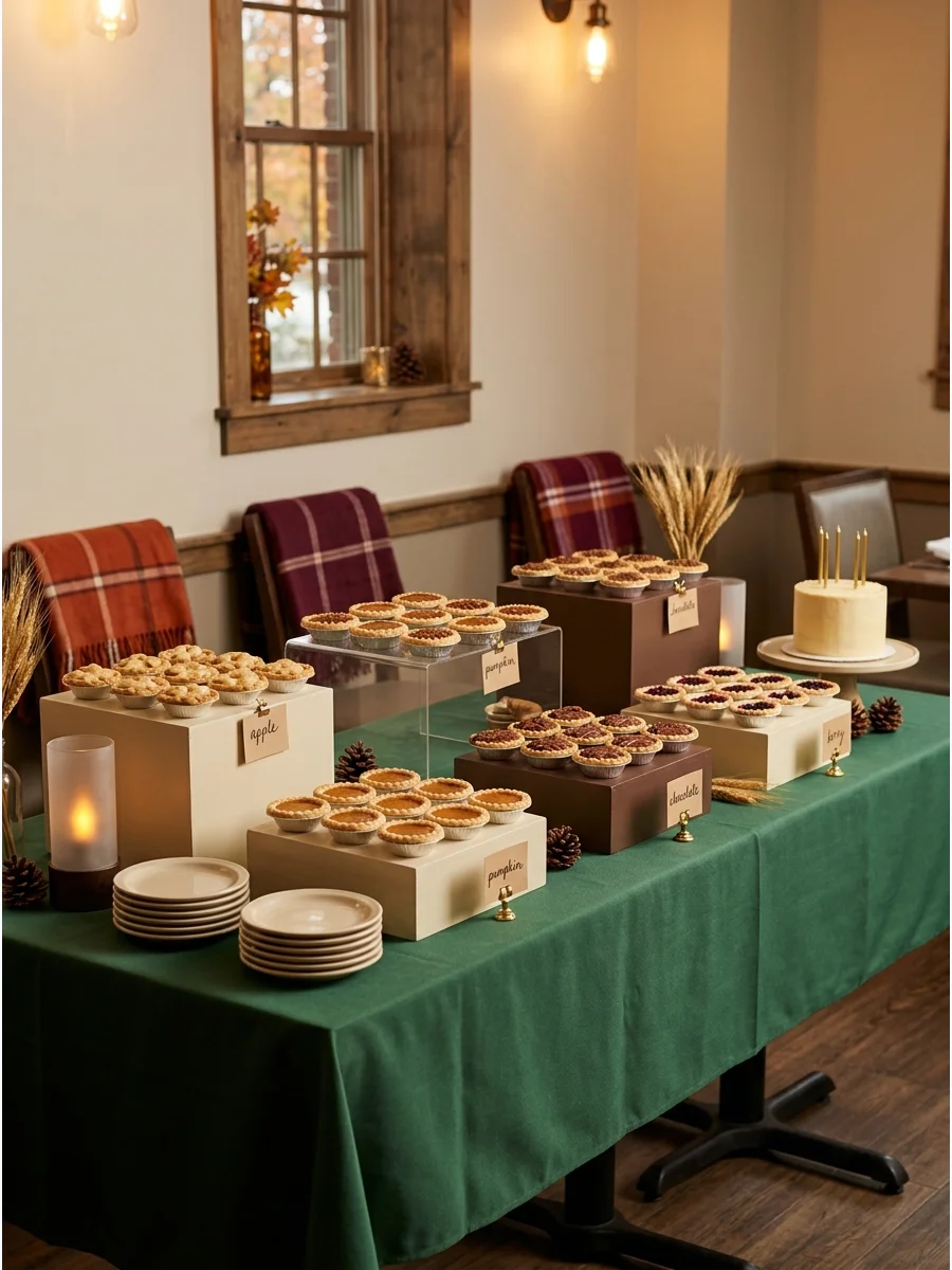 A dessert bar featuring several types of autumn pies.
