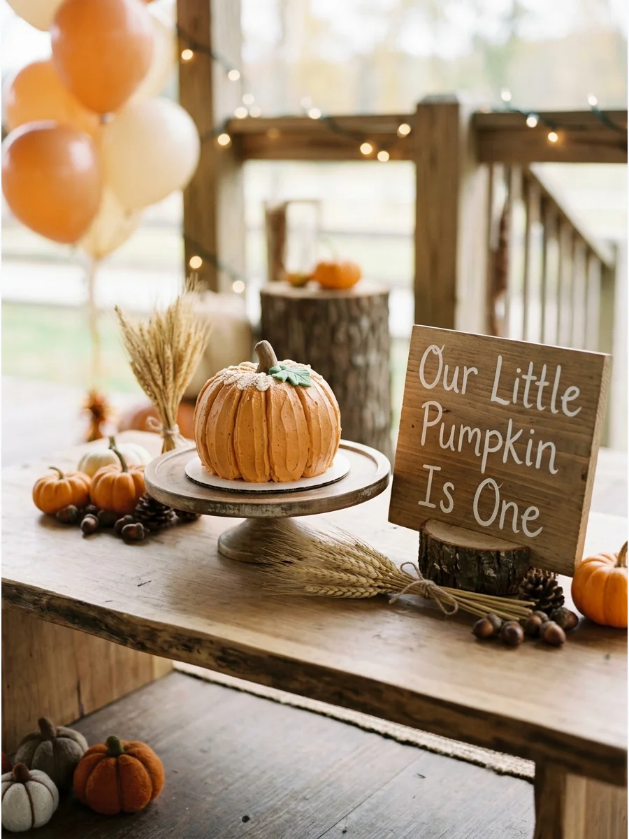 A small pumpkin-shaped cake on a white table for a first birthday.