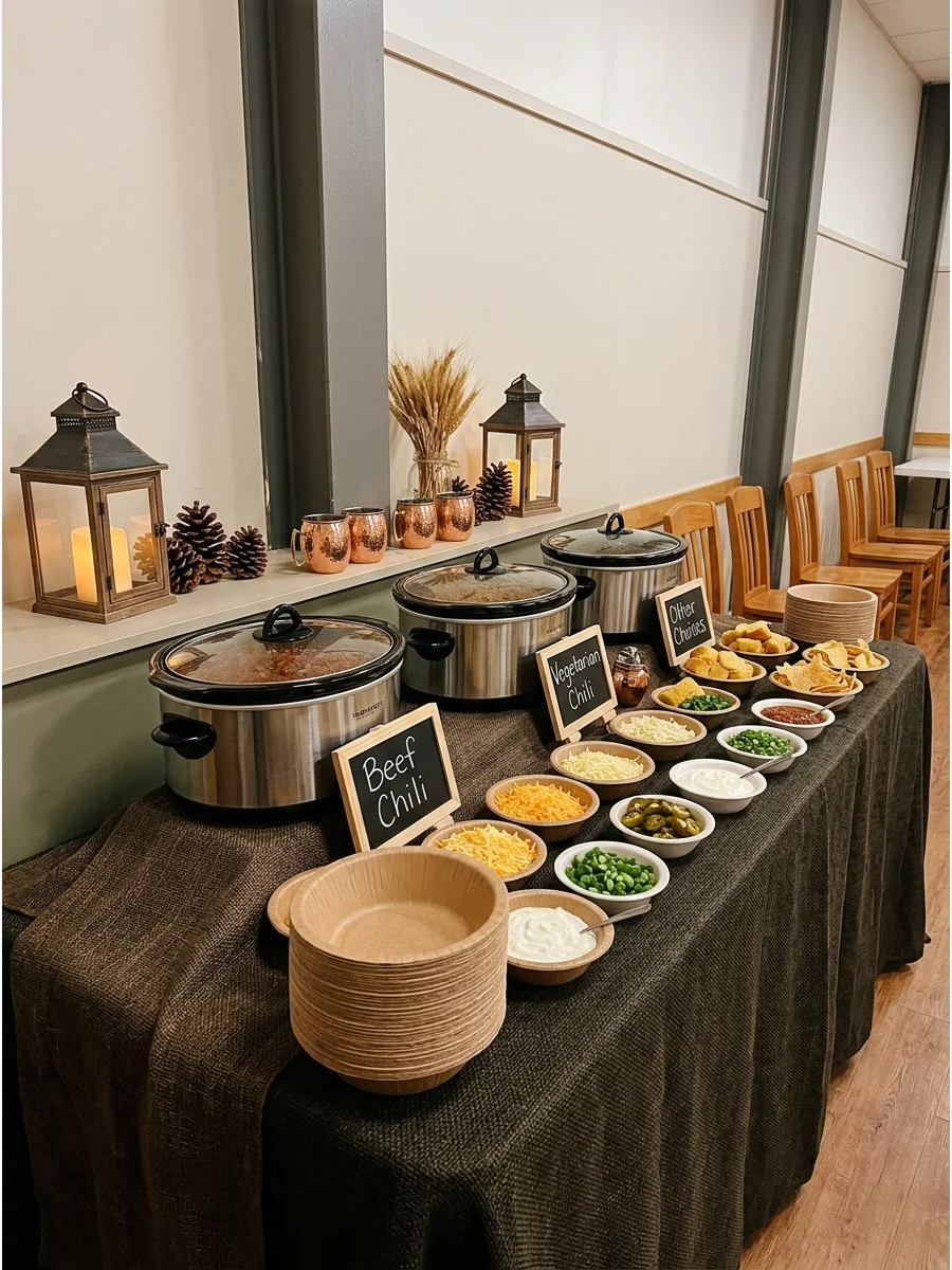 A self-serve chili bar with various toppings in bowls.