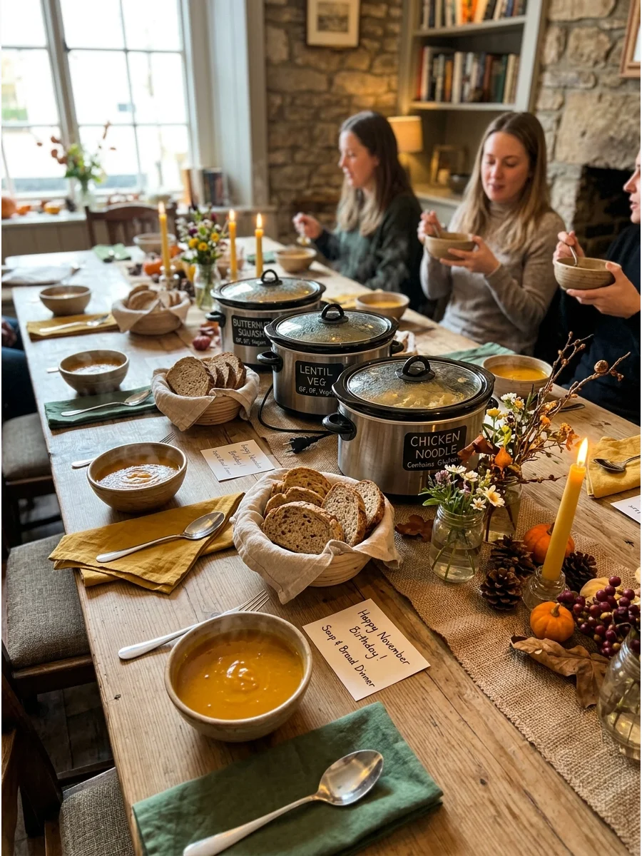 A rustic dinner table featuring bowls of soup and loaves of bread for a birthday meal.