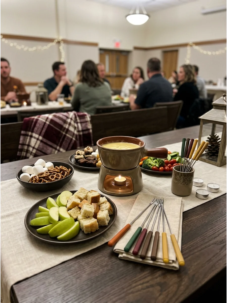 A fondue setup with melted cheese and various dipping foods on a table.