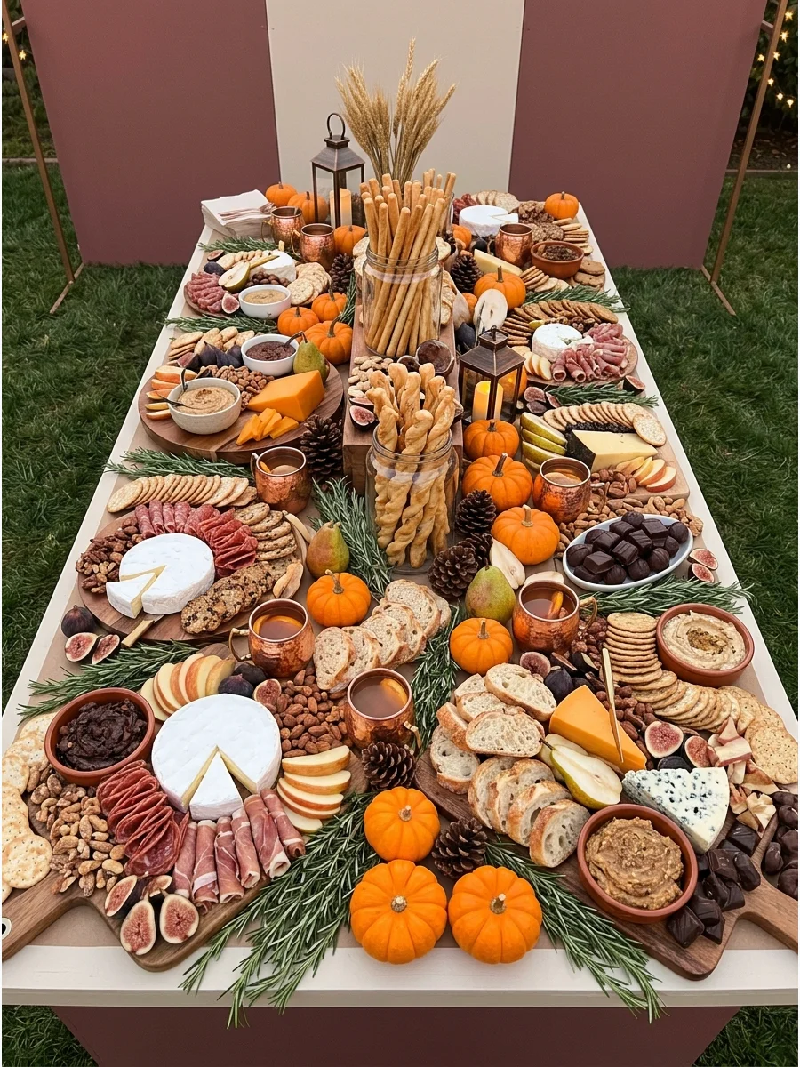 A large charcuterie grazing board filled with autumn-themed snacks and meats.