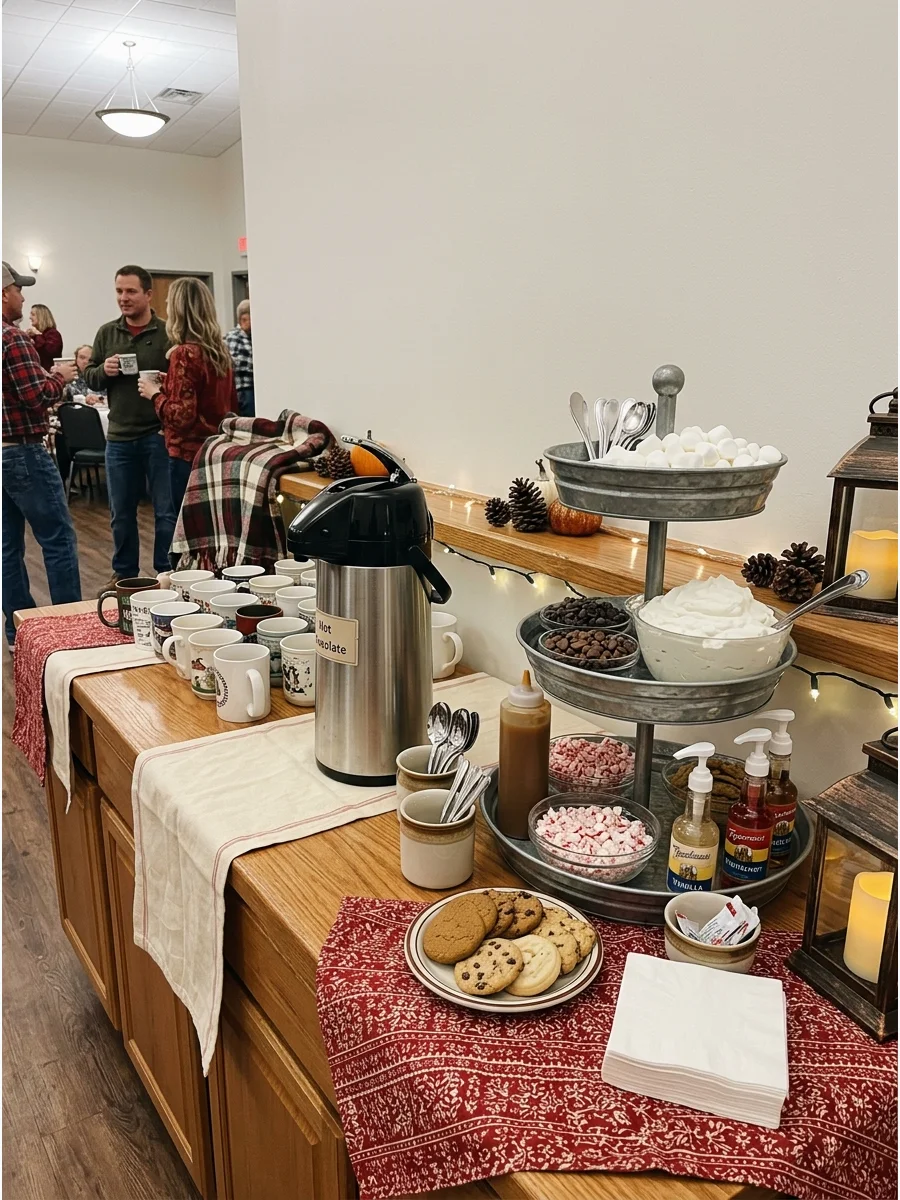 A hot chocolate station with various toppings and mugs for a birthday party.