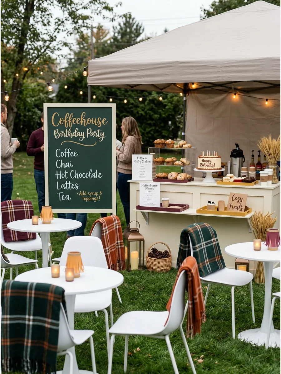 A home coffeehouse setup with small tables and a drink station.