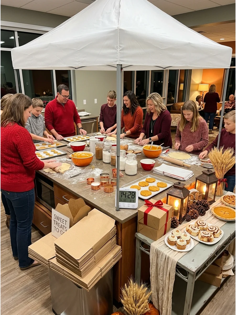 People baking together in a kitchen with fall-themed ingredients.