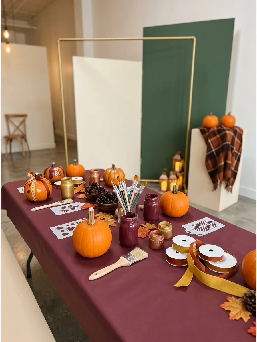 Small pumpkins being painted with fall colors on a craft table.