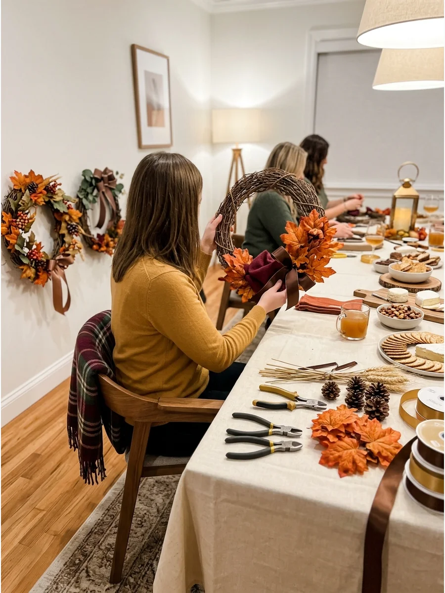 A person assembling a fall wreath with leaves and pinecones.