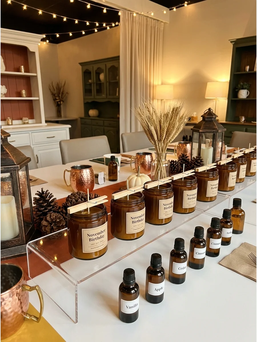 Handmade candles in amber jars being poured on a wooden surface.