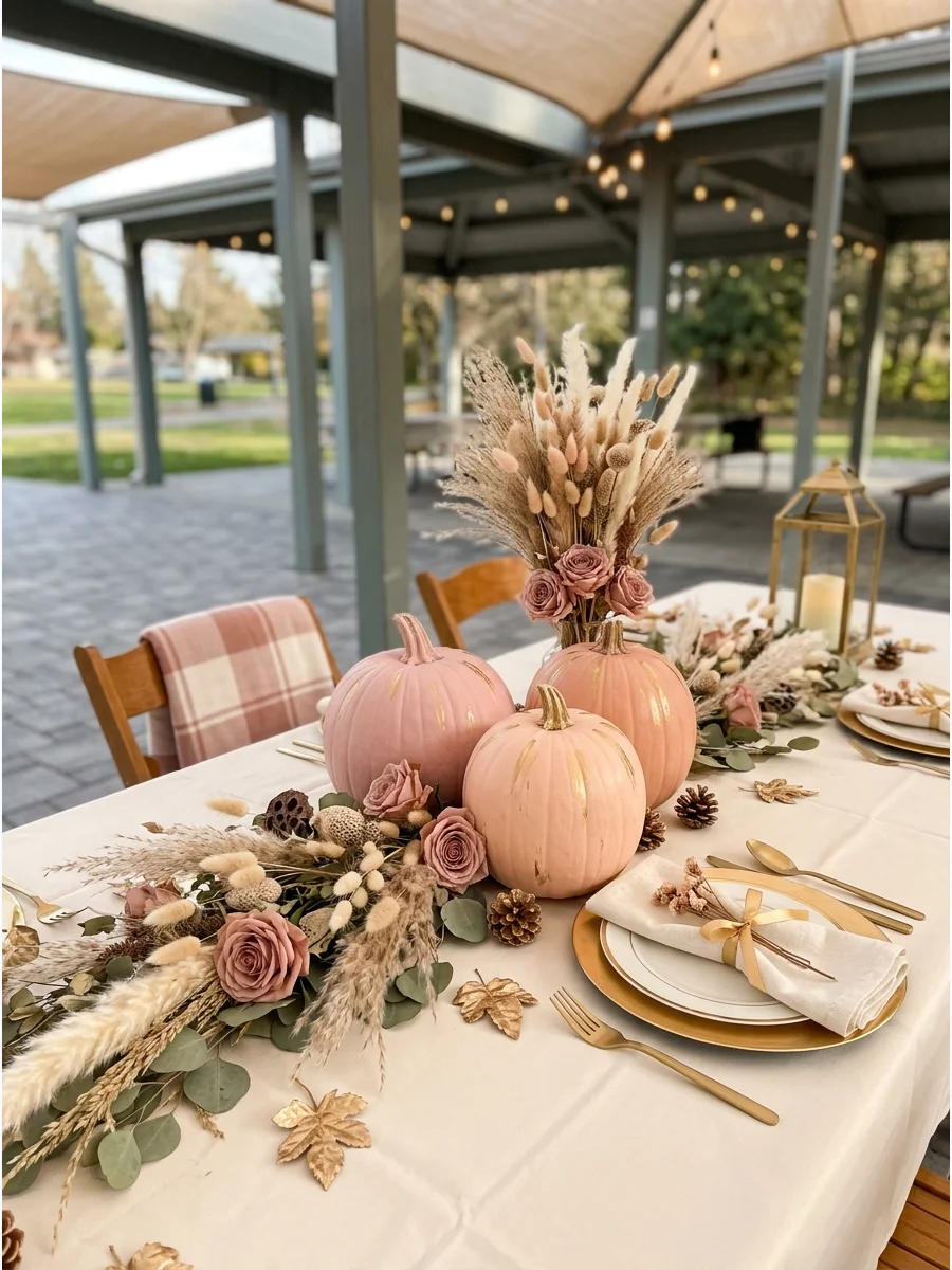 Blush pink and peach painted pumpkins with gold stems.