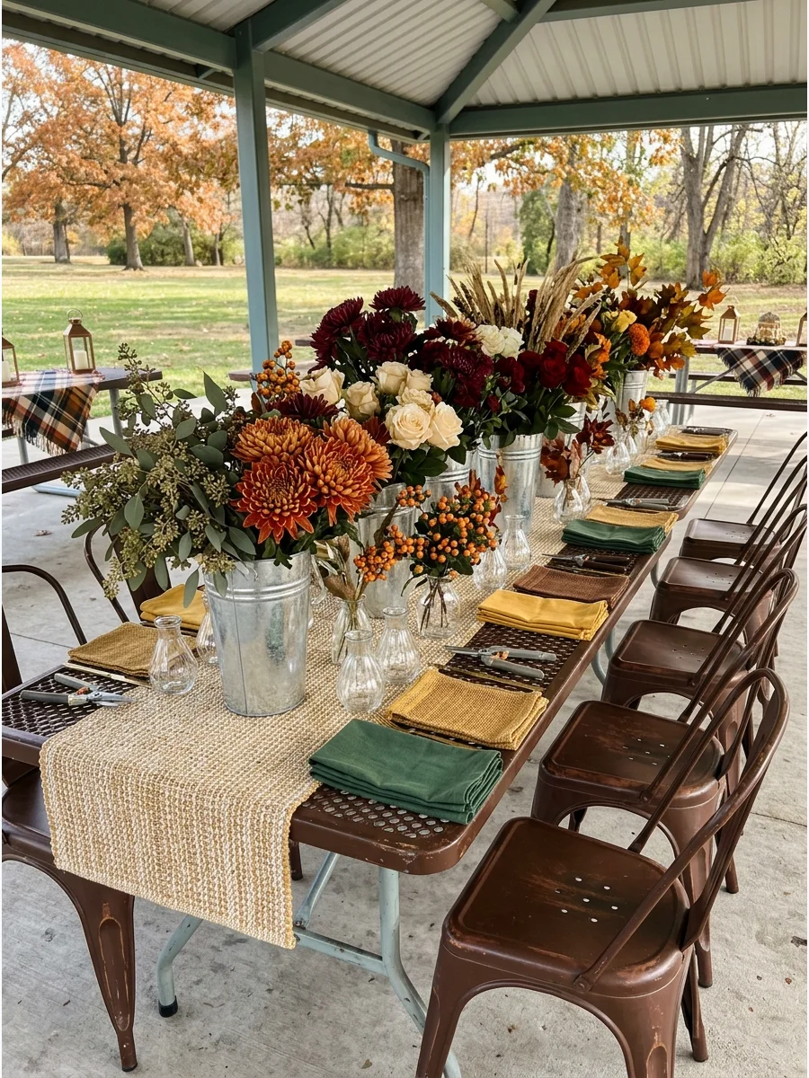 A flower arranging station with autumn blooms and glass vases.