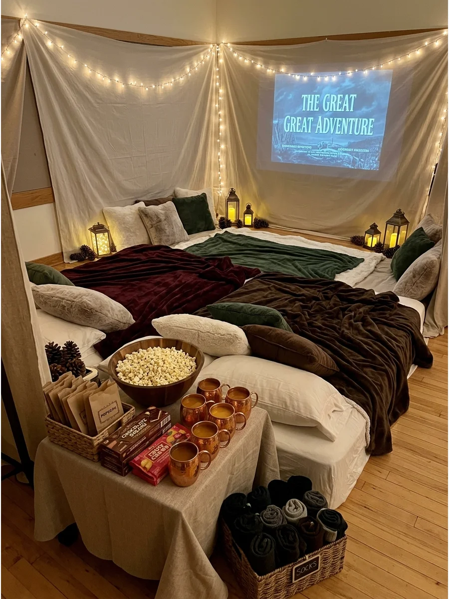A living room movie theater with blankets and popcorn.