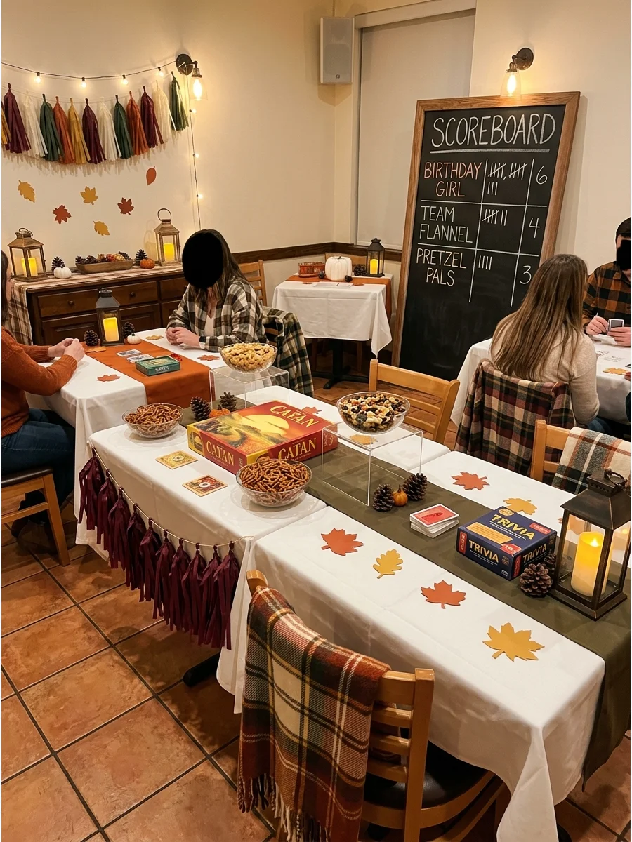A game night setup with board games and snacks.