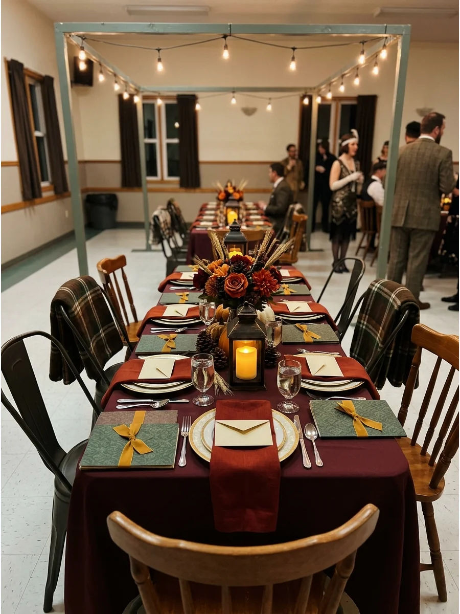 A dark mystery dinner table with red napkins.