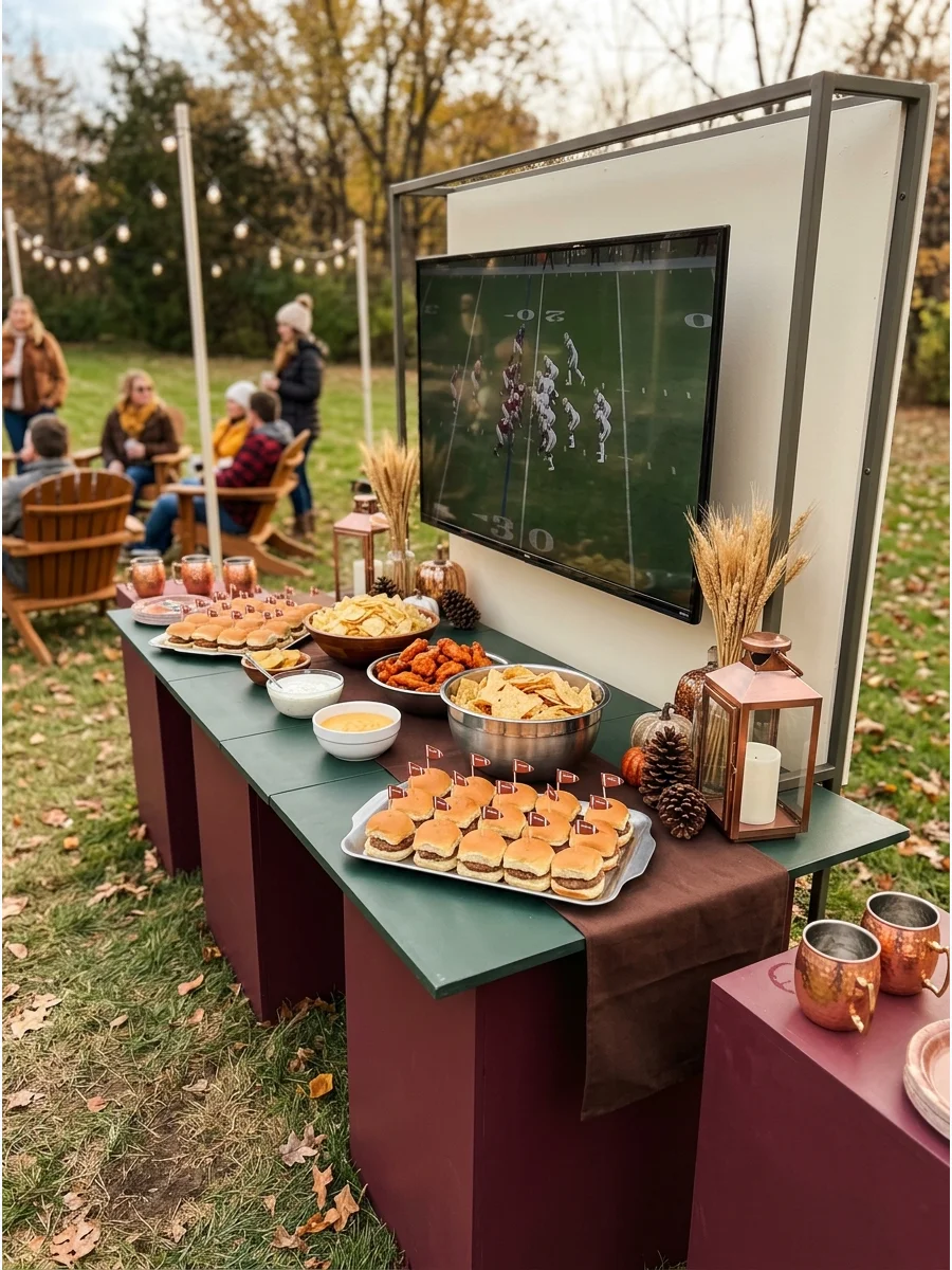 A football tailgate food spread with sliders and wings.