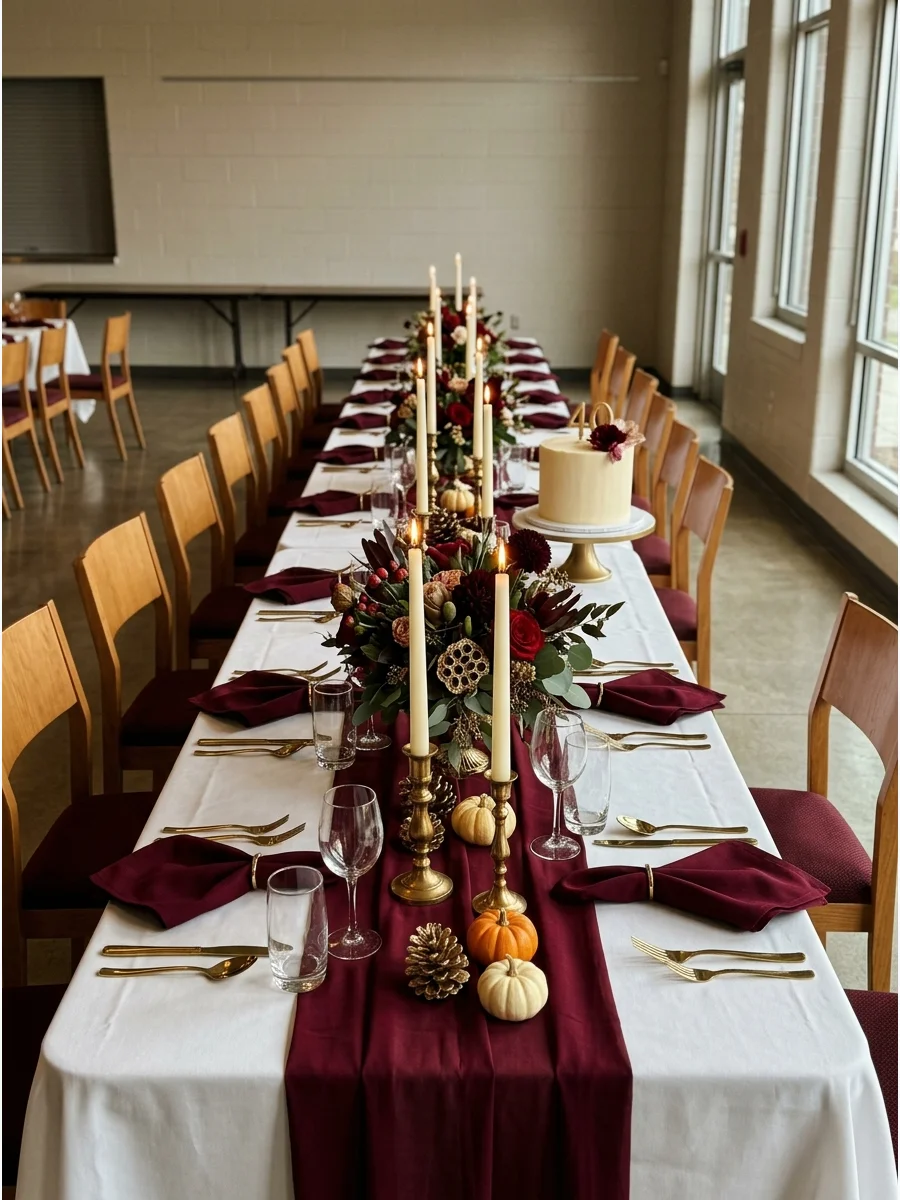 An elegant burgundy and gold dinner table.