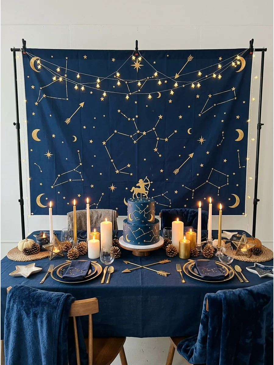 A Sagittarius party backdrop with blue and gold stars.