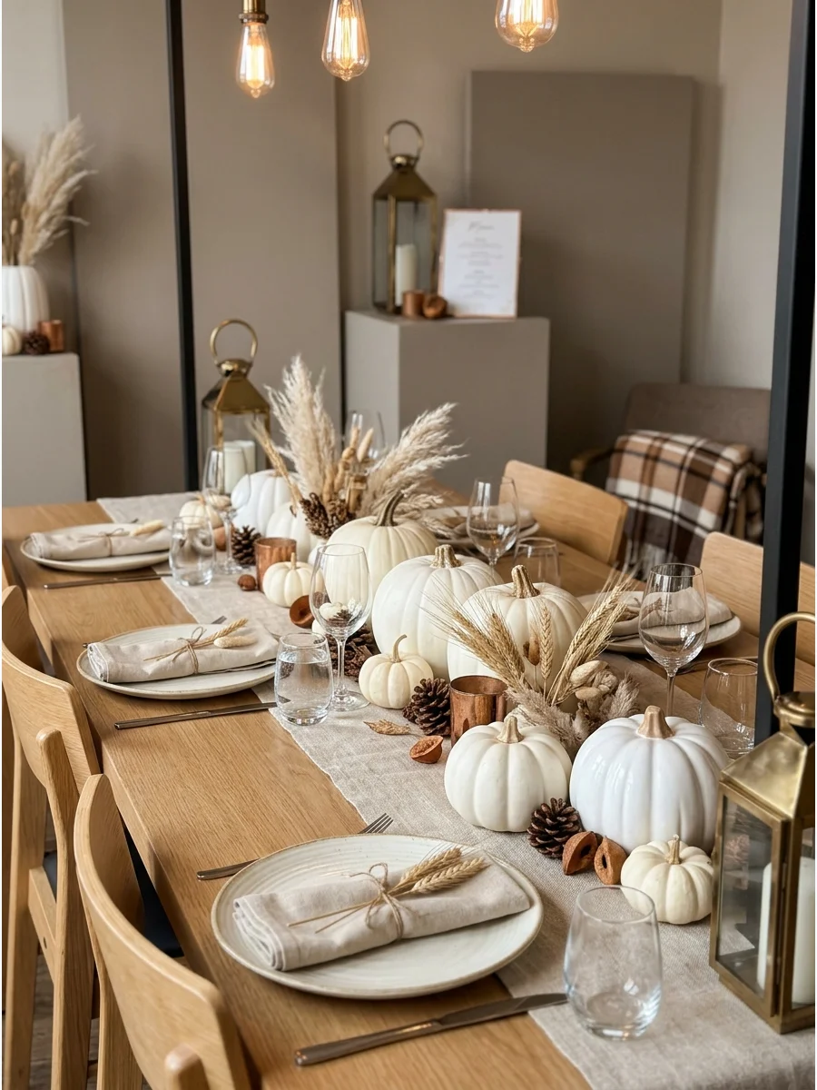 A neutral tablescape with white pumpkins and dried pampas grass.