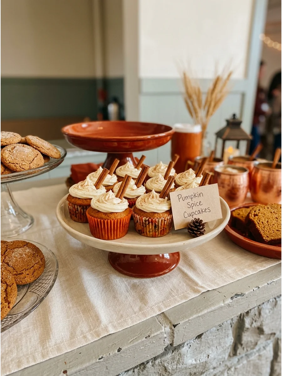 A tray of pumpkin spice cupcakes decorated with cinnamon sticks.
