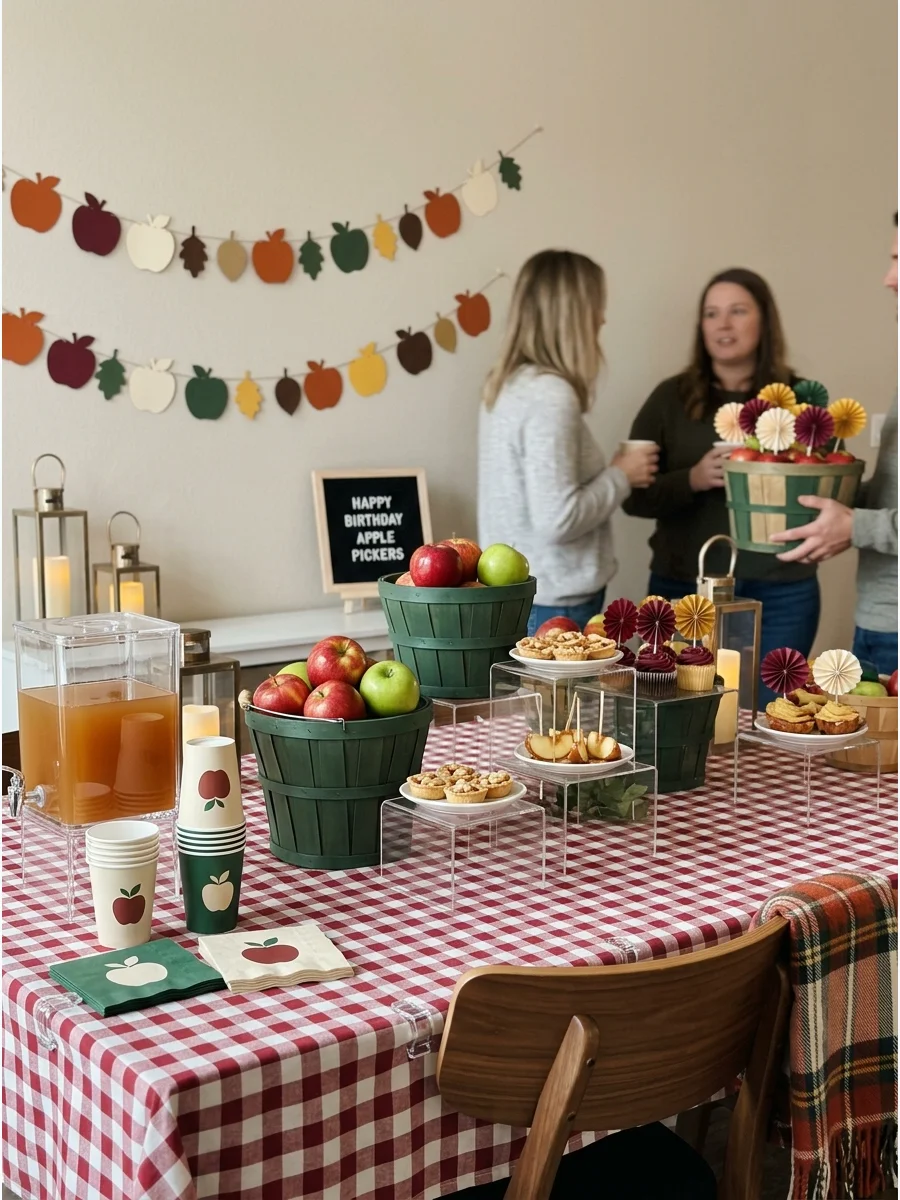 Red gingham tablecloth and baskets of apples on a wooden table.